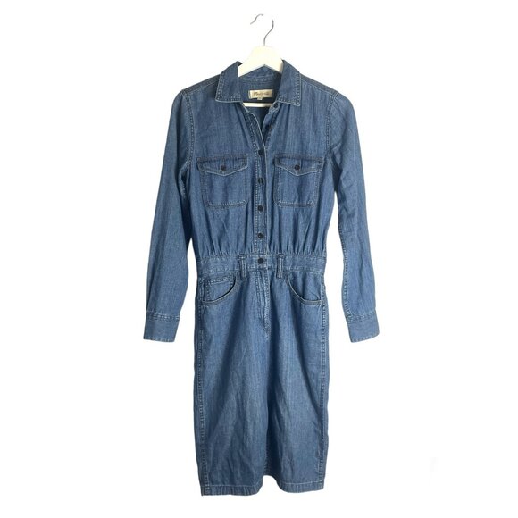 Madewell Blue Denim Midi Shirt Dress Size 00 Preppy Jean Casual - Picture 3 of 9